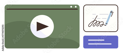 Video player interface, electronic signature field with pen and text blocks. Ideal for e-learning, documentation, contracts, media, education, technology remote work. Simple flat metaphor