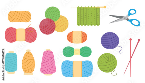 A set of threads and tools for sewing and knitting. Vector illustration on a white background
