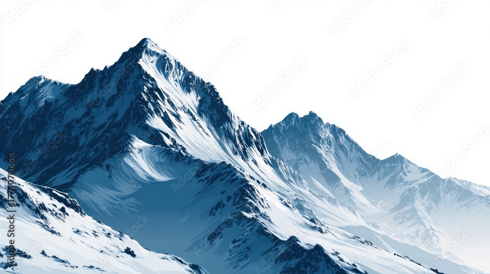 Fototapeta premium Majestic snow-covered mountain range against a clear, bright white sky background