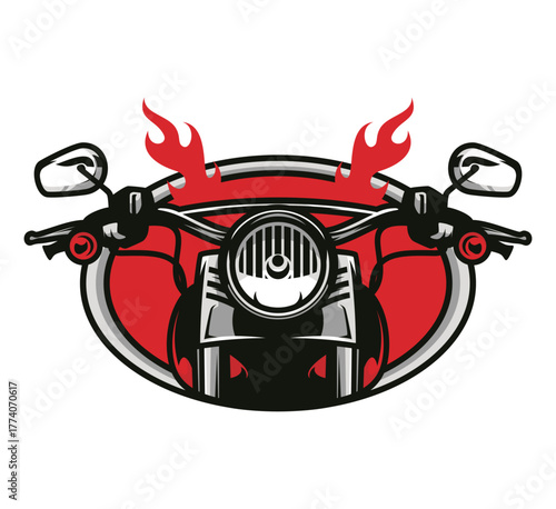 Vintage Motorcycle Ride: A stylized illustration of a classic motorcycle, viewed from the handlebars, set against a dynamic backdrop, showcasing its timeless design and the spirit of the open road.
