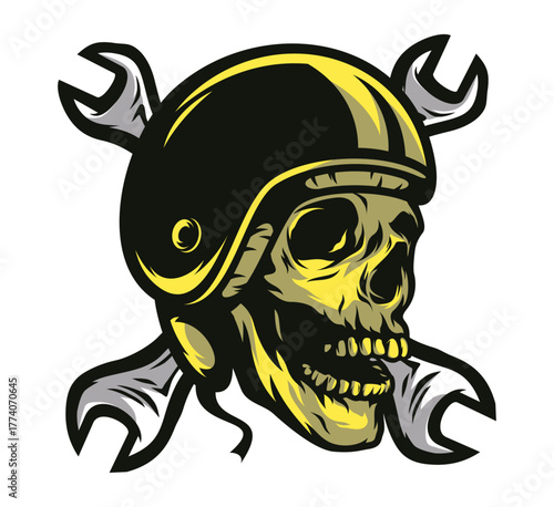 Skull with wrench icon: A stylized illustration presents a skull emblem, adorned with a helmet, crossed wrenches. This bold design embodies mechanics, adventure, and the spirit of the open road.