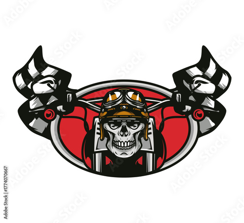 Rider Skull Emblem: A stylized emblem of a skull wearing a vintage flight helmet, set against a red background, symbolizing the thrill of the open road, racing, and adventure. 