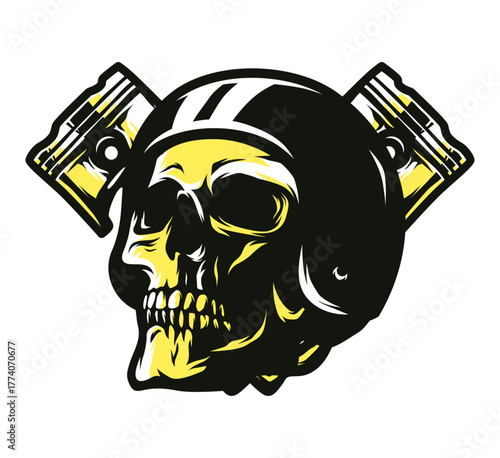 Skull Helmet: An artistic skull wearing a vintage helmet with piston embellishments, the design embodies a spirit of adventure.