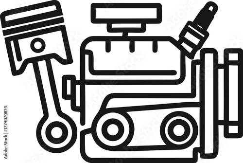 Detailed line art illustration of an internal combustion vector engine icon