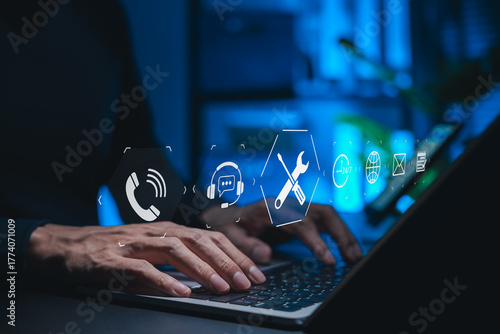 Customer support and technical service concept. Person using laptop with icons of call, chat, tools, email, 24/7 assistance symbolizing online helpdesk, IT maintenance, professional service support