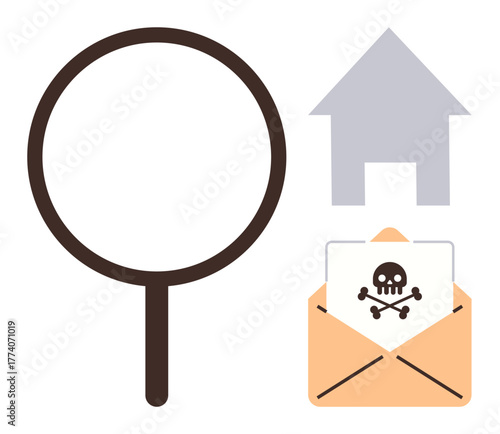Magnifying glass highlighting a letter featuring a skull and crossbones, alongside a house symbol. Ideal for security, online threats, cybersecurity, email scam, digital safety, investigation, alert