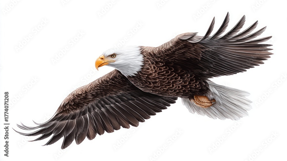 Fototapeta premium Majestic bald eagle soaring with outstretched wings against a white background