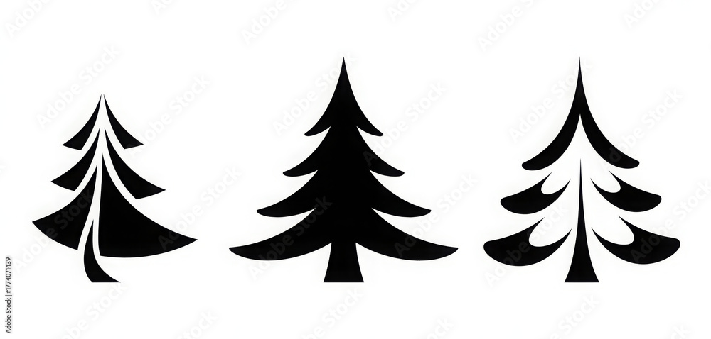 Obraz premium Set of stylized Christmas tree icons simple black vector illustration for winter holiday design isolated on white background