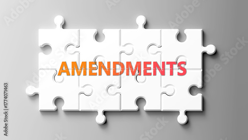 Photos Amendments complex like a puzzle - pictured as word amendments on a puzzle pieces to show that amendments is complex and needs cooperating pieces that fit together