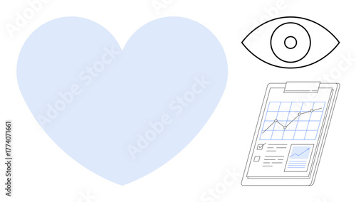 Heart shape, outlined eye, and clipboard with graph represent health monitoring, analysis, and personal well-being. Ideal for healthcare, analytics, fitness, diagnostics vision care self-care