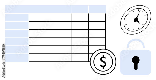 Data table surrounded by clock for time, dollar sign for financial goals, and lock for data security. Ideal for analytics, budgeting, time management, finance, cybersecurity, organization
