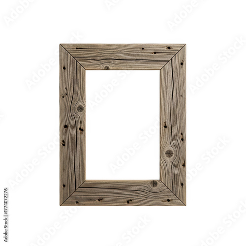 Rustic reclaimed wooden frame with natural grain and knot details providing a charming vintage style look isolated on transparent background