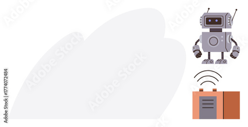 Retro-inspired robot alongside a wireless control box with signal waves. Ideal for automation, robotics, AI, wireless systems, technology, innovation, and control concepts. Simple flat metaphor