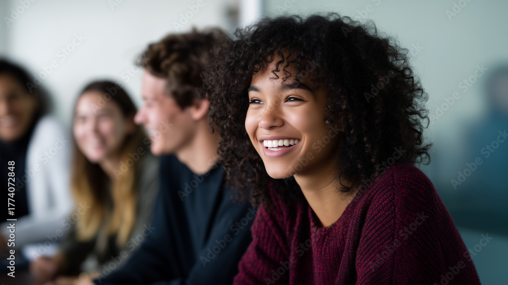 Fototapeta premium Group of diverse young people sitting together indoors, laughing and enjoying a study session, positive atmosphere, teamwork, learning, and genuine human connection in natural ligh