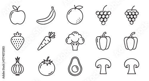 Assortment of fresh fruit and vegetables line art illustration