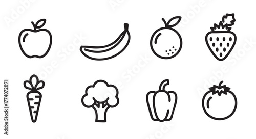 Assorted Fruits and Vegetables Line Art Illustration for Healthy Eating