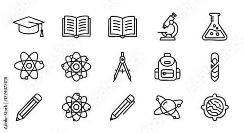 Back to school education science and learning objects in black lines