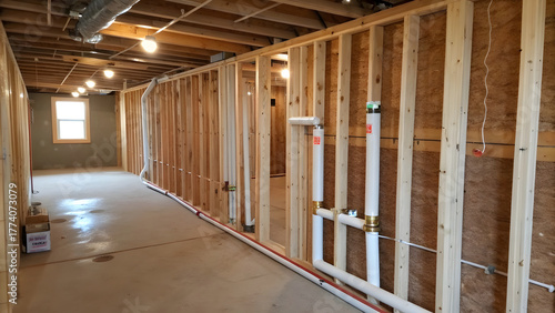 A partially framed interior wall during a home renovation, showing exposed wooden studs spaced evenly against a raw subfloor