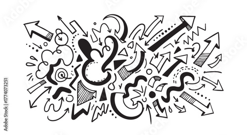 Black and white doodle background pattern with chaotic elements shapes