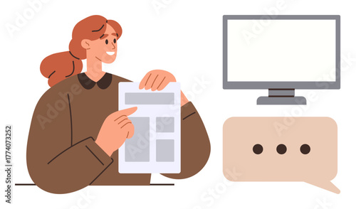 Smiling woman presenting a document with a monitor and speech bubble nearby. Ideal for communication, teamwork, work discussion, education, information sharing, collaboration, simple flat metaphor