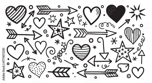 Black and white doodle seamless pattern with hearts and stars