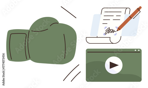 Boxing glove, legal document, and video player signifying conflict, resolution, and accountability. Ideal for justice, contracts, transparency, sportsmanship mediation legal communication