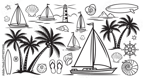 Black and white summer vacation vector illustration with sailboat and palms