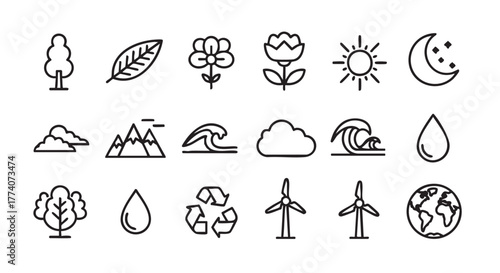Black and White Vector Illustration of Nature and Environment Elements