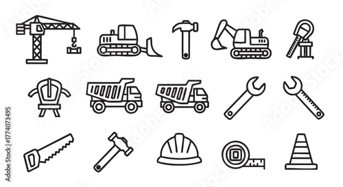 Black outline construction vehicles and tools set on white background