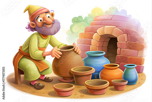 Potter placing handmade clay pots inside hot kiln for final firing