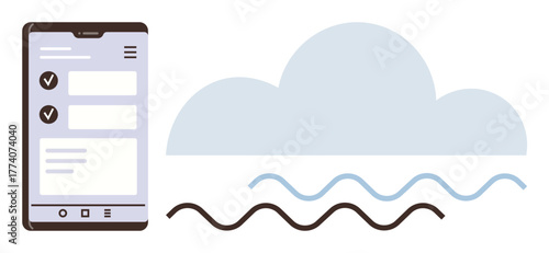 Mobile screen with checklist next to cloud and wave symbols. Ideal for technology, communication, data, cloud storage, organization, information flow, and digital solutions. Simple flat metaphor