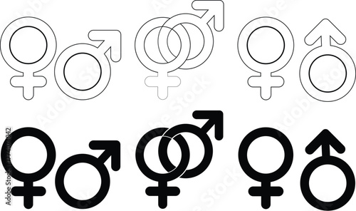 Male and female icons collection gender and relationship symbols in line and silhouette art