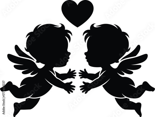 Two cherubs reaching for each other with a heart symbol above them in silhouette