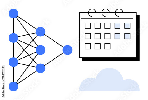 Neural network diagram, gridded calendar, and cloud icon for AI, scheduling, data science, planning, machine learning, workflow optimization, digital management ideal for simple flat metaphor