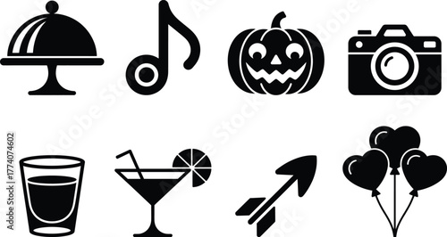Set of eight black vector icons representing food, music, halloween, photography, drinks, and celebration