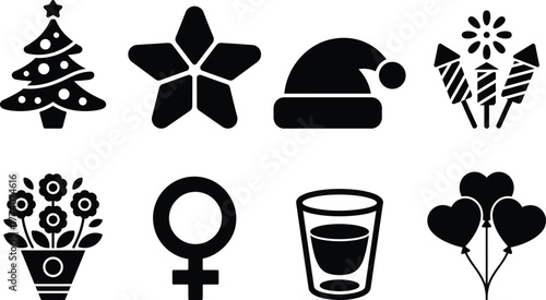 Collection of assorted black silhouette icons representing holidays, celebrations, and symbols for design