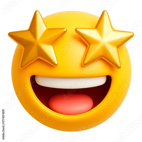 Excited yellow emoji face with golden stars for eyes, open mouth, and pink tongue, isolated on transparent background