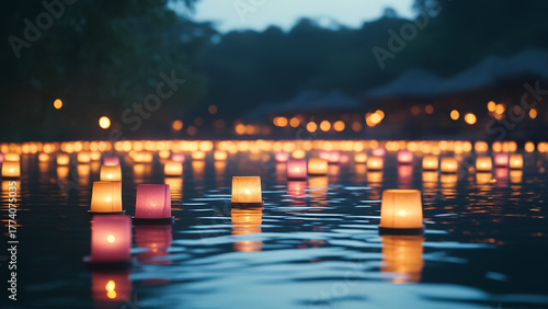 water lanterns floating on water in the evening. lantern festival.