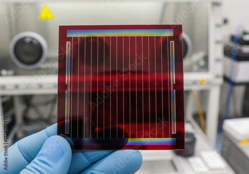 Close-up of dark red perovskite solar cell sample with vertical lines held by hand wearing blue nitrile glove in research laboratory