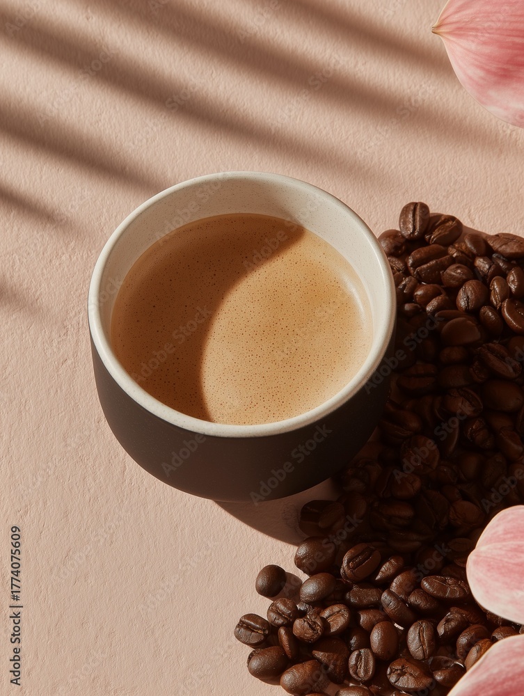Fototapeta premium Aromatic Coffee with Crema and Roasted Beans on a Pink Background with Sunlight and Floral Accents