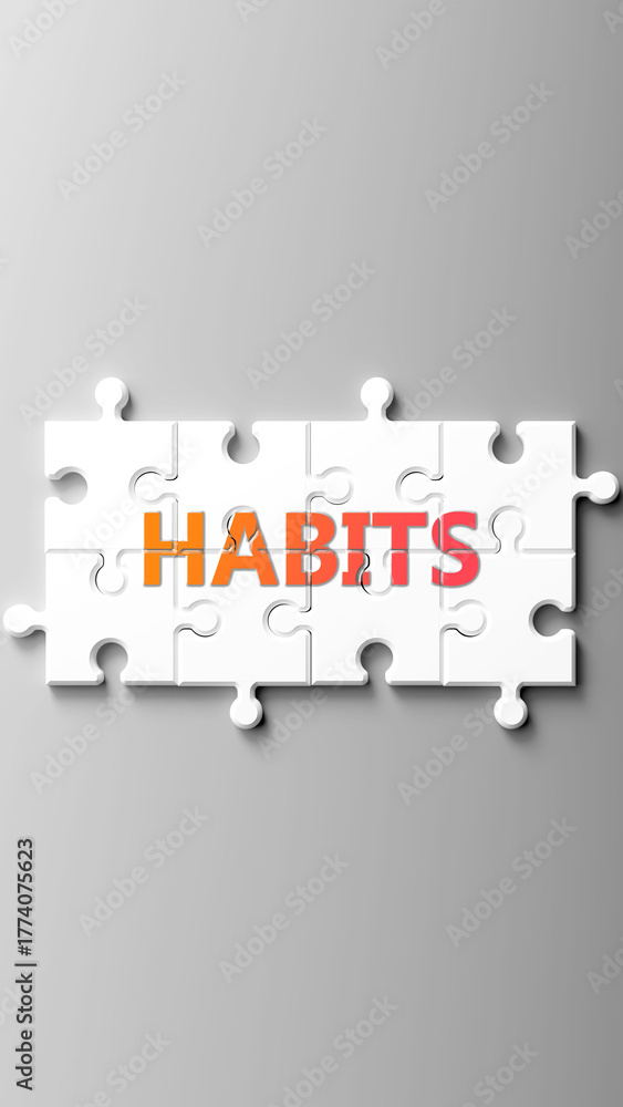 Naklejka premium Habits complex like a puzzle - pictured as word habits on a puzzle pieces to show that habits is complex and needs cooperating pieces that fit together. ,3d illustration
