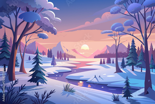 Tranquil winter landscape at sunrise with snow-covered trees, frozen fields, soft morning light, cold air, peaceful nature scenery, and peaceful outdoor environment at early dawn