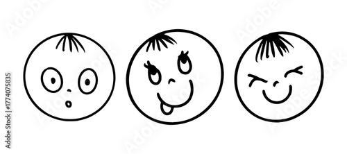 Set of cute doodle kids faces with funny emotions and hairstyles. Hand drawn black and white vector illustration for children’s design, education and comics.