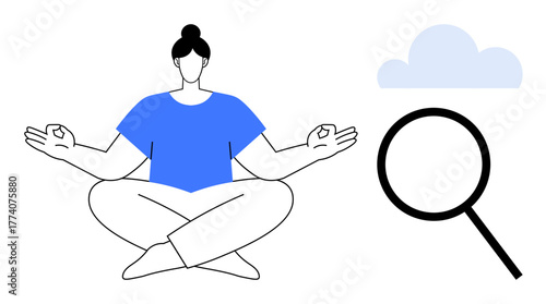 Meditating person sitting cross-legged in yoga pose, large magnifying glass, and cloud. Ideal for mindfulness, clarity, focus, mental health, relaxation research and stress relief. Simple flat
