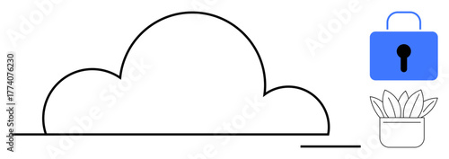 Cloud outline with a blue lock and a potted plant suggesting security, privacy, nature, and simplicity. Ideal for technology, data safety, environment harmony, organization, innovation creativity