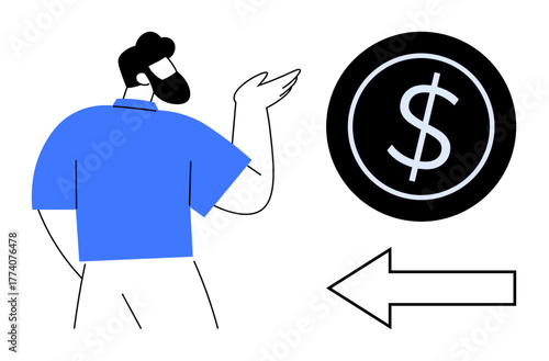 Businessman pointing at a large dollar coin with a directional arrow emphasizing money flow or financial decision-making. Ideal for finance, savings, investments, guidance, business strategy