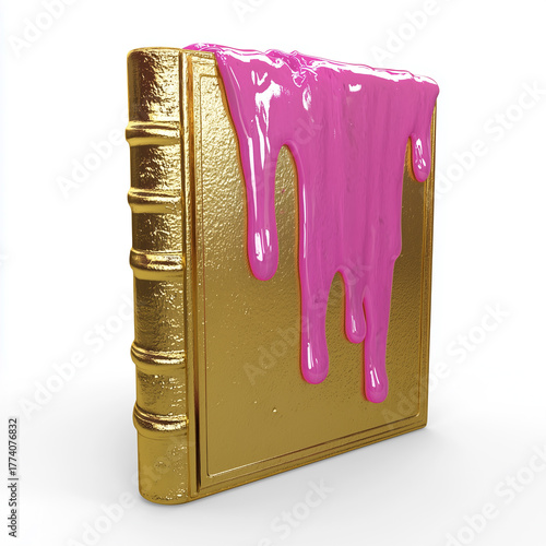 Gold Book with Shiny Dripping Pink Goo – Surreal 3D Fantasy Object