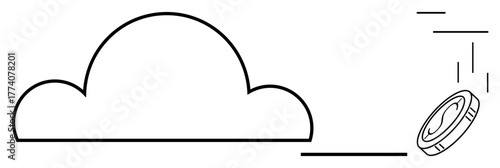 Cloud silhouette with falling coin representing digital data, investment, or savings. Ideal for cloud technology, digital finance, data storage, monetization, innovation, economy and simple flat