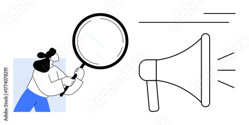 Woman holding magnifying glass near megaphone, symbolizing scrutiny, communication, messaging, marketing, feedback, transparency, and research. Ideal for branding business strategy and simple flat