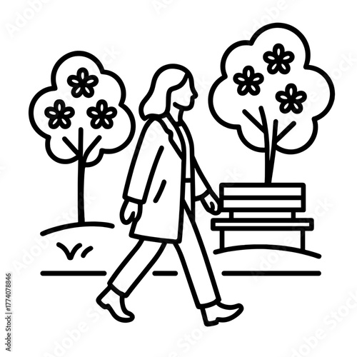 Line art of woman walking in spring park with blooming trees and bench